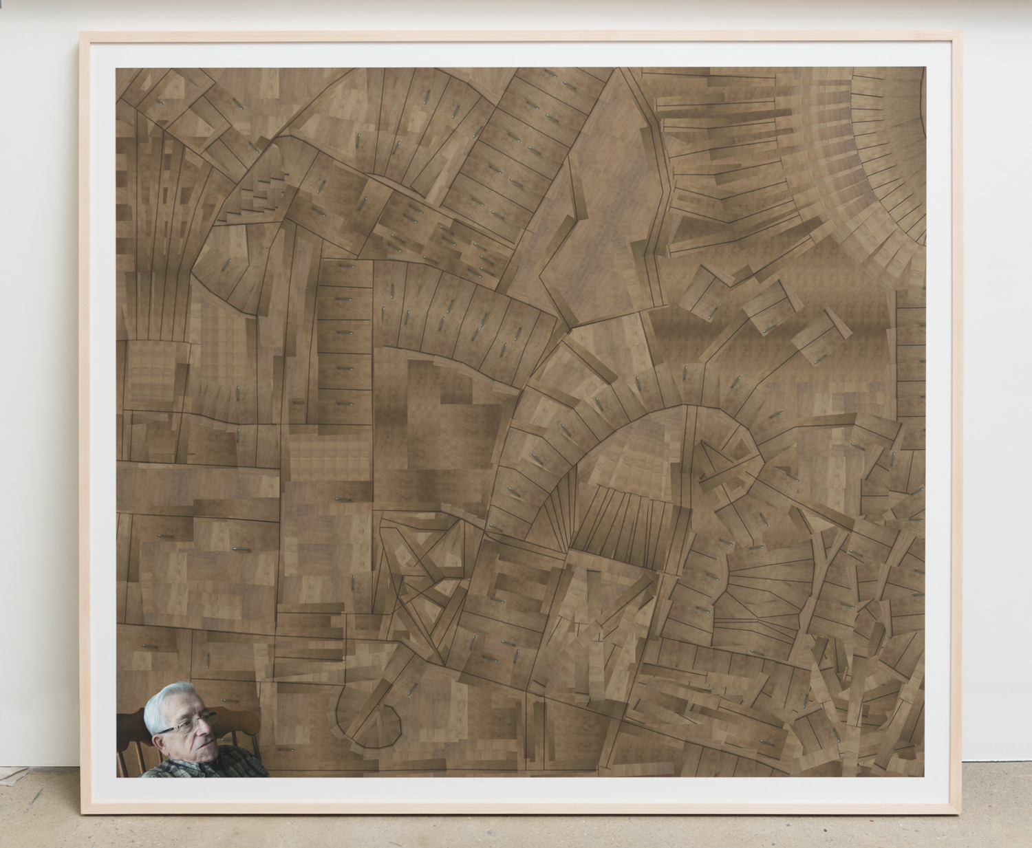 Image numérique d'un labyrinthe créé à partir de petits morceaux d'une armoire à l'arrière d'un homme Diane Dubeau La tête pleine de trous